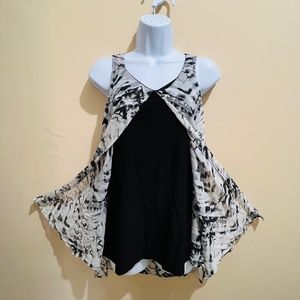 Top, fly-away layered, black bodice, black and white print, sleeveless